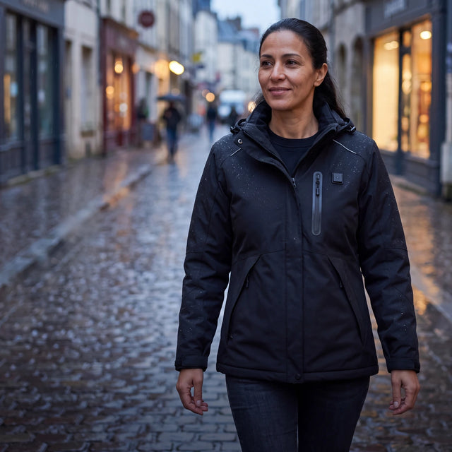 Femme en parka chauffante Expedition 14 noire dans une rue mouillée au petit matin