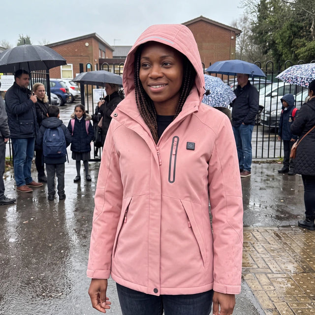 Femme en parka chauffante Expedition 14 rose devant une école sous la pluie