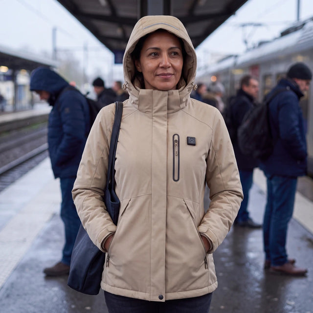 Femme en parka chauffante Expedition 14 kaki sur un quai de gare sous la pluie