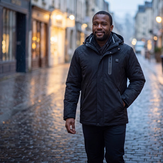 Homme en parka chauffante Expedition 14 noire dans une rue mouillée au petit matin