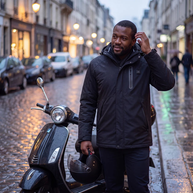 Homme en parka chauffante Expedition 14 noire près de son scooter sous la pluie