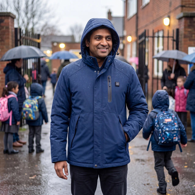 Homme en parka chauffante Expedition 14 bleue devant une école sous la pluie