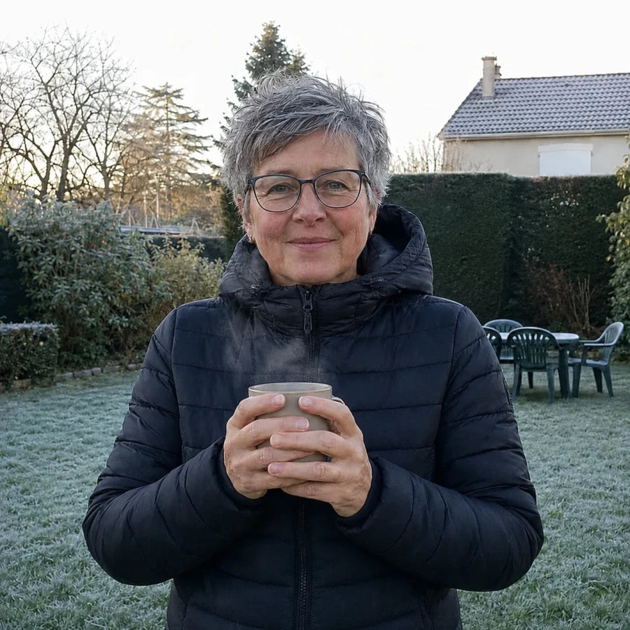 Smilende kvinnelig kunde i den frostdekte hagen sin, oppvarmet Celsius 21-dunjakke