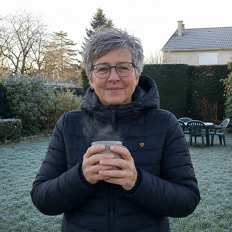 Smilende kvinnelig kunde i den frostdekte hagen sin, oppvarmet Celsius 21-dunjakke