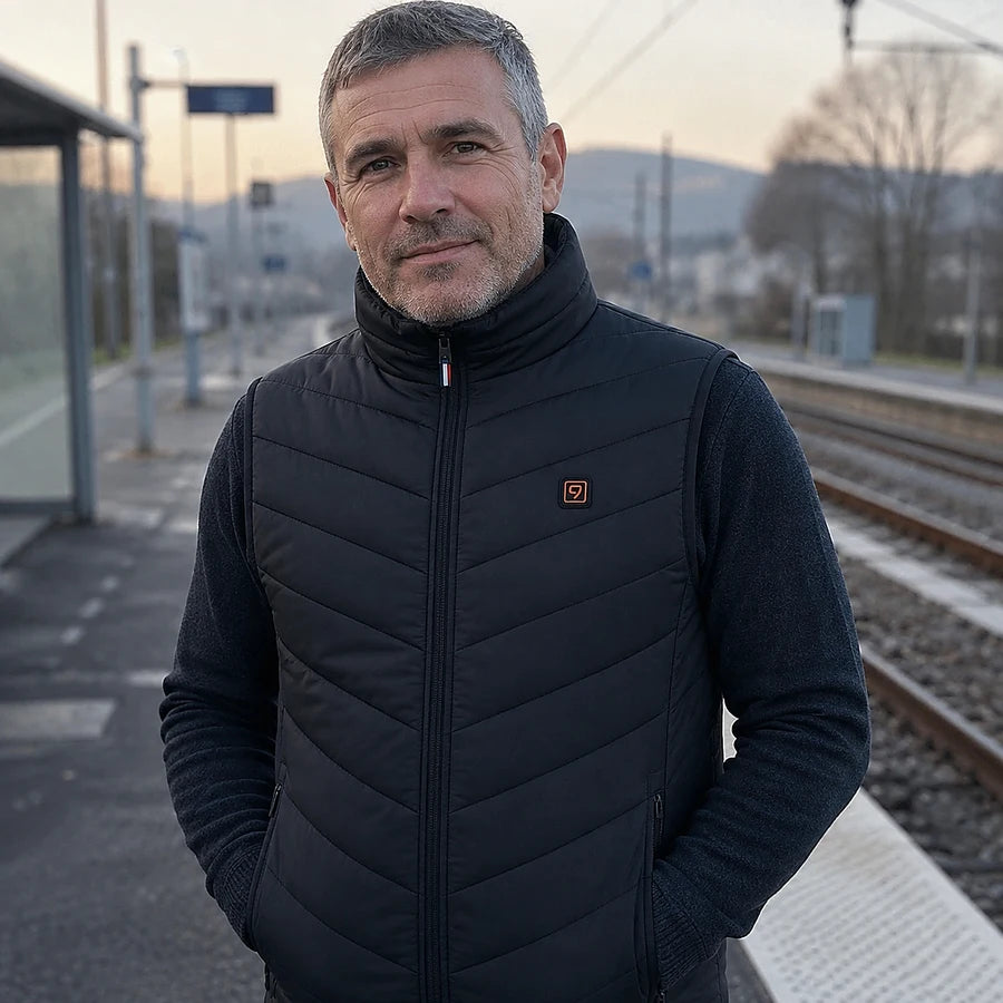 Kunde på en perrong tidlig om morgenen, oppvarmet ermeløs Ultra 9-dunjakke