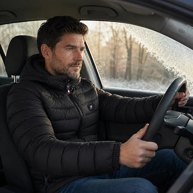 Client avec veste chauffante FLINTWRK dans la voiture