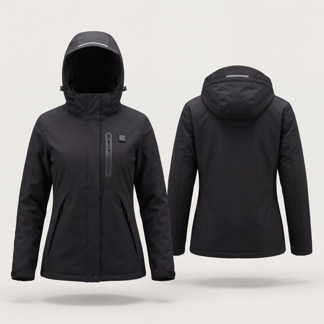 FLINTWRK Expedition 14 — parka chauffante femme noire, face et dos (coloris Noir)