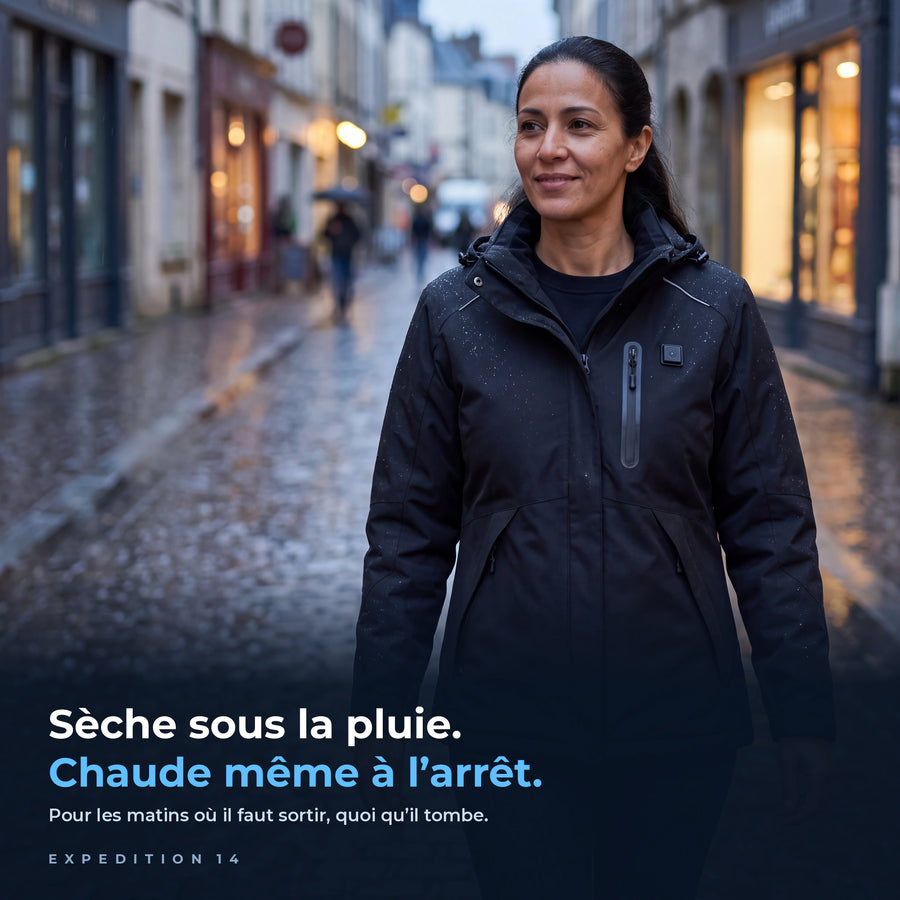 Femme en parka chauffante Expedition 14 noire dans une rue mouillée