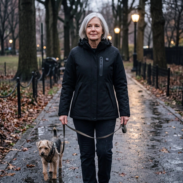 Femme en parka chauffante Expedition 14 noire promenant son chien au petit matin