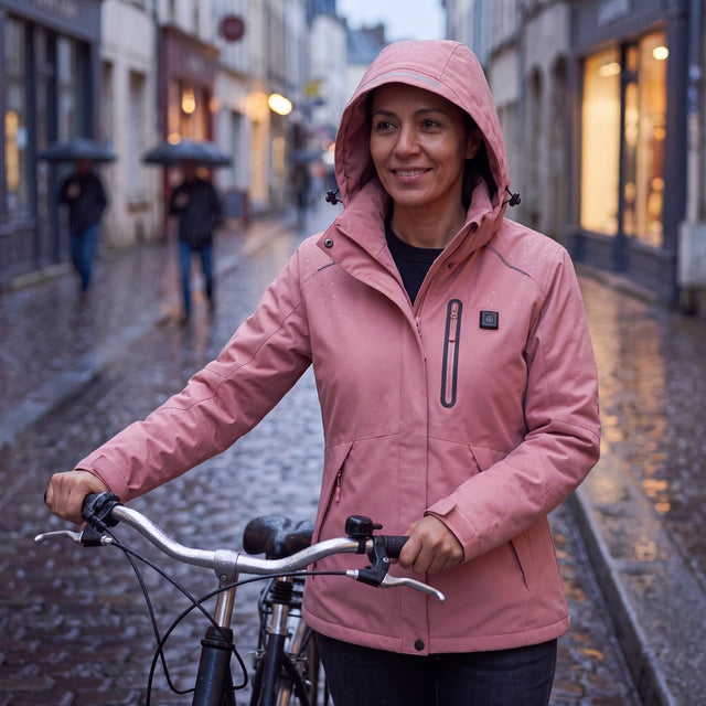 Femme en parka chauffante Expedition 14 rose avec son vélo sous la pluie
