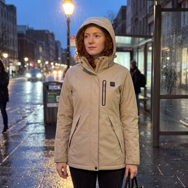 Femme en parka chauffante Expedition 14 kaki à un arrêt de bus le soir sous la pluie