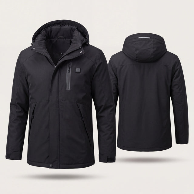 FLINTWRK Expedition 14 — parka chauffante homme noire, face et dos (coloris Noir)