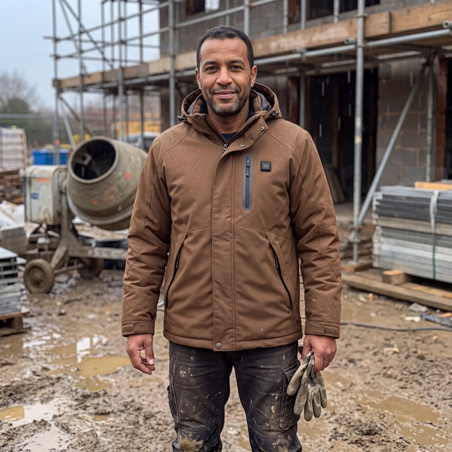Homme en parka chauffante Expedition 14 café sur un chantier sous la bruine