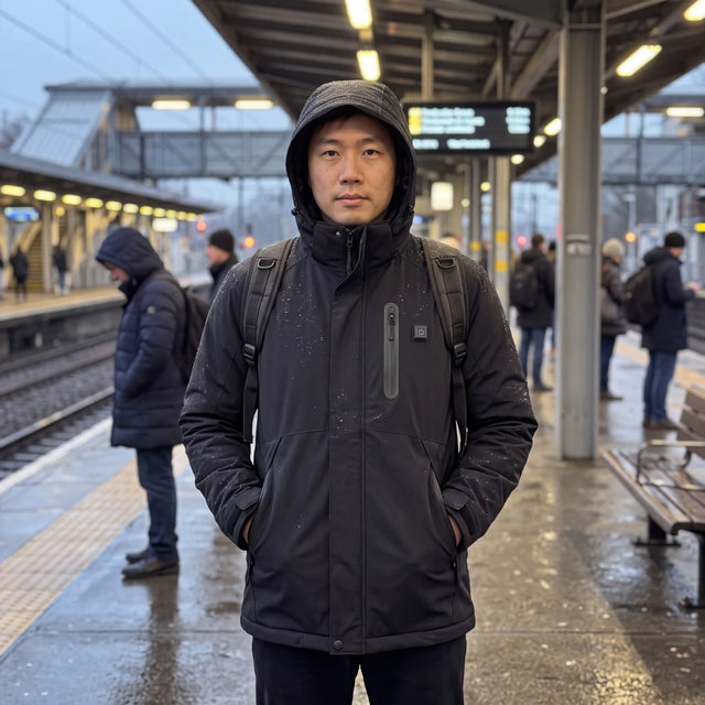 Homme en parka chauffante Expedition 14 noire sur un quai de gare sous la pluie
