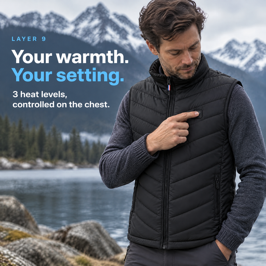 Layer 9 heated vest — discreet chest heat control