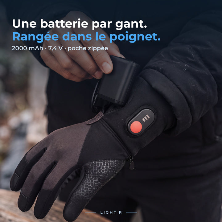 Batterie 7,4 V glissée dans la poche du poignet