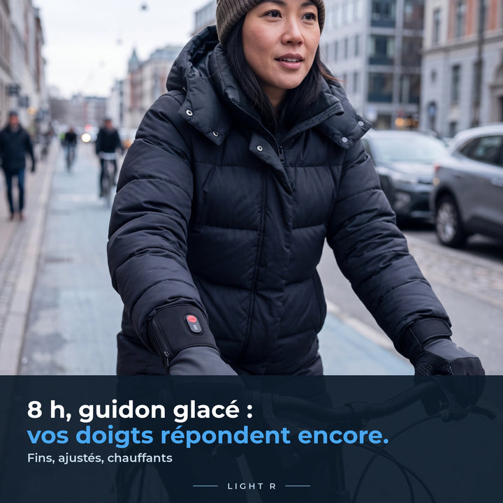 Cycliste en ville avec les gants chauffants Light R