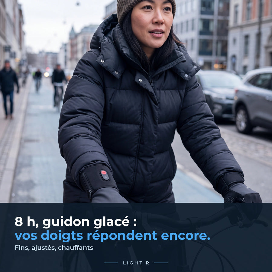 Cycliste en ville un matin d’hiver avec les gants chauffants Light R