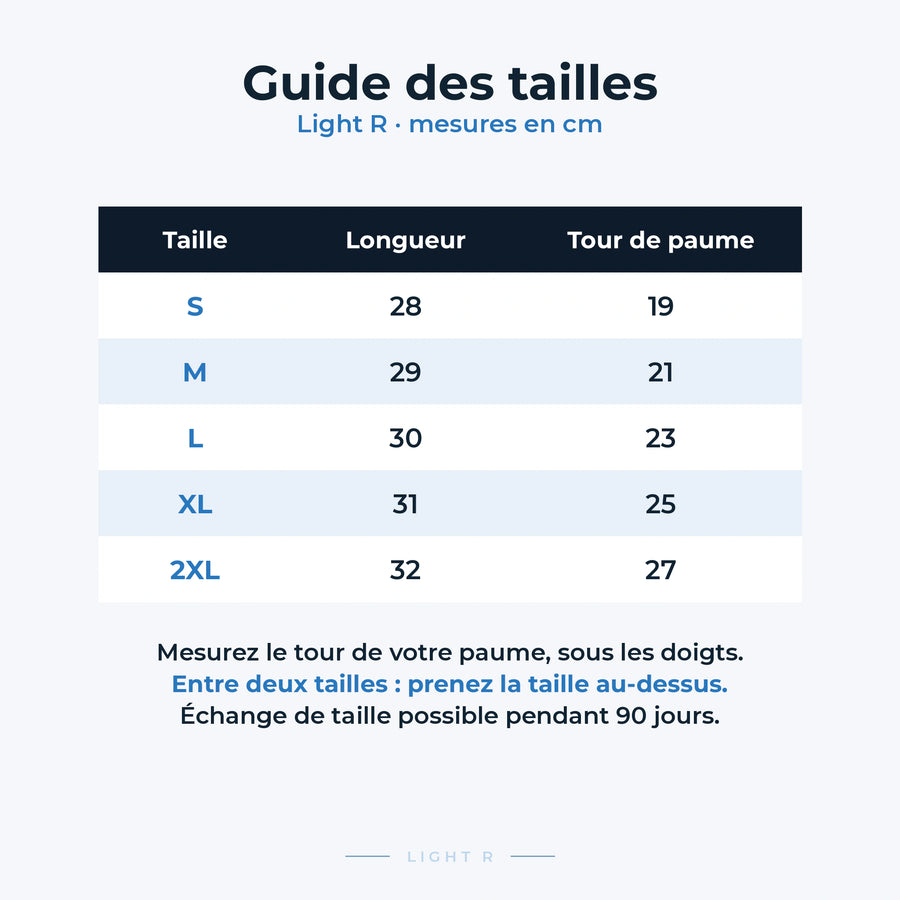 Guide des tailles Light R : S à 2XL, longueur et tour de paume en cm