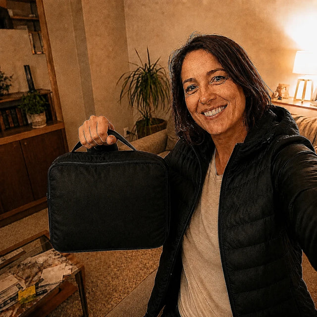 Cliente montrant le sac de rangement FLINTWRK fourni avec la doudoune Ridge 21