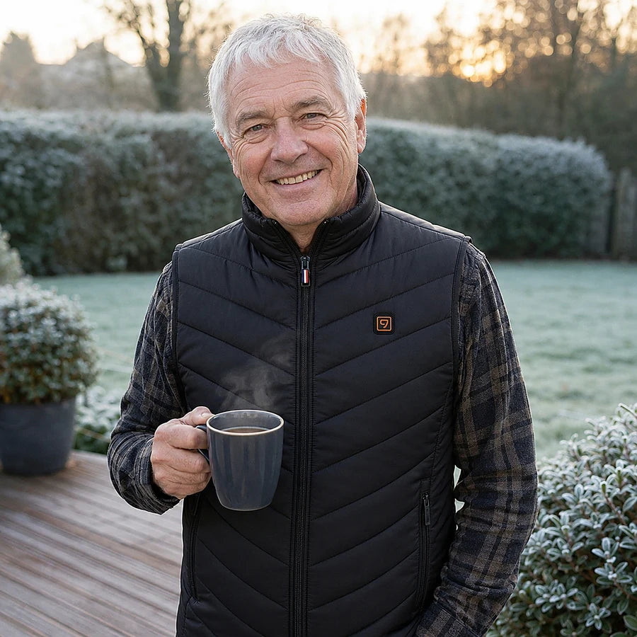Kunde med kaffe på en frostdekt terrasse, oppvarmet ermeløs Ultra 9-dunjakke