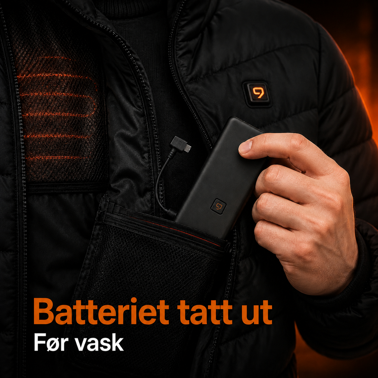 Batteriet er tatt ut før vask av et oppvarmet FLINTWRK-plagg