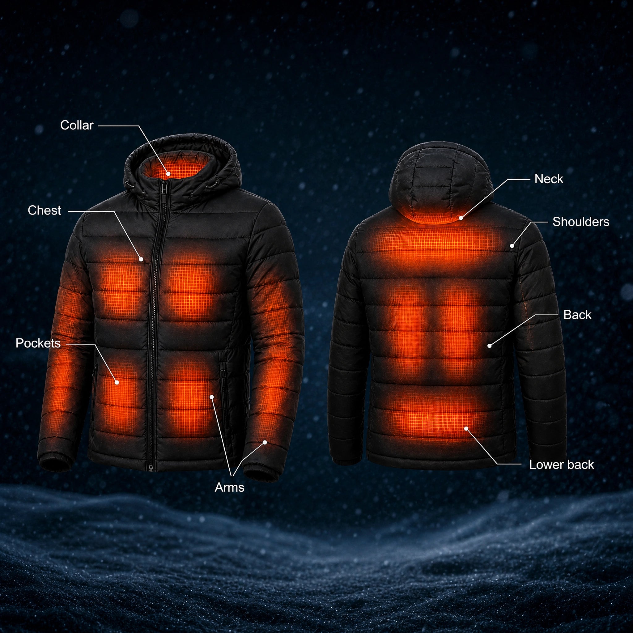 Celsius 21 heating zones: collar, chest, pockets, arms, neck, shoulders, back and lower back