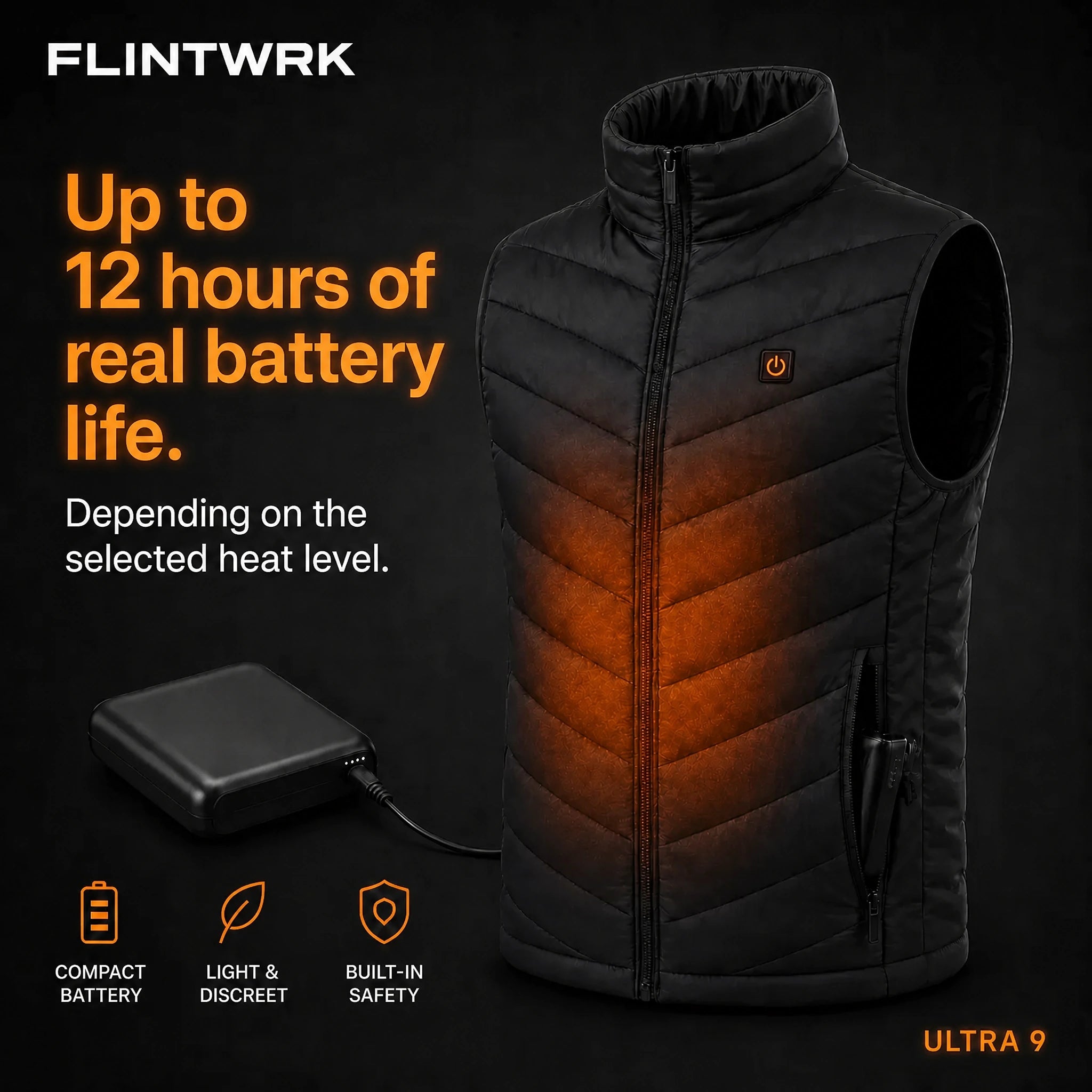 Battery and battery life for the Ultra 9 heated sleeveless puffer vest from FLINTWRK