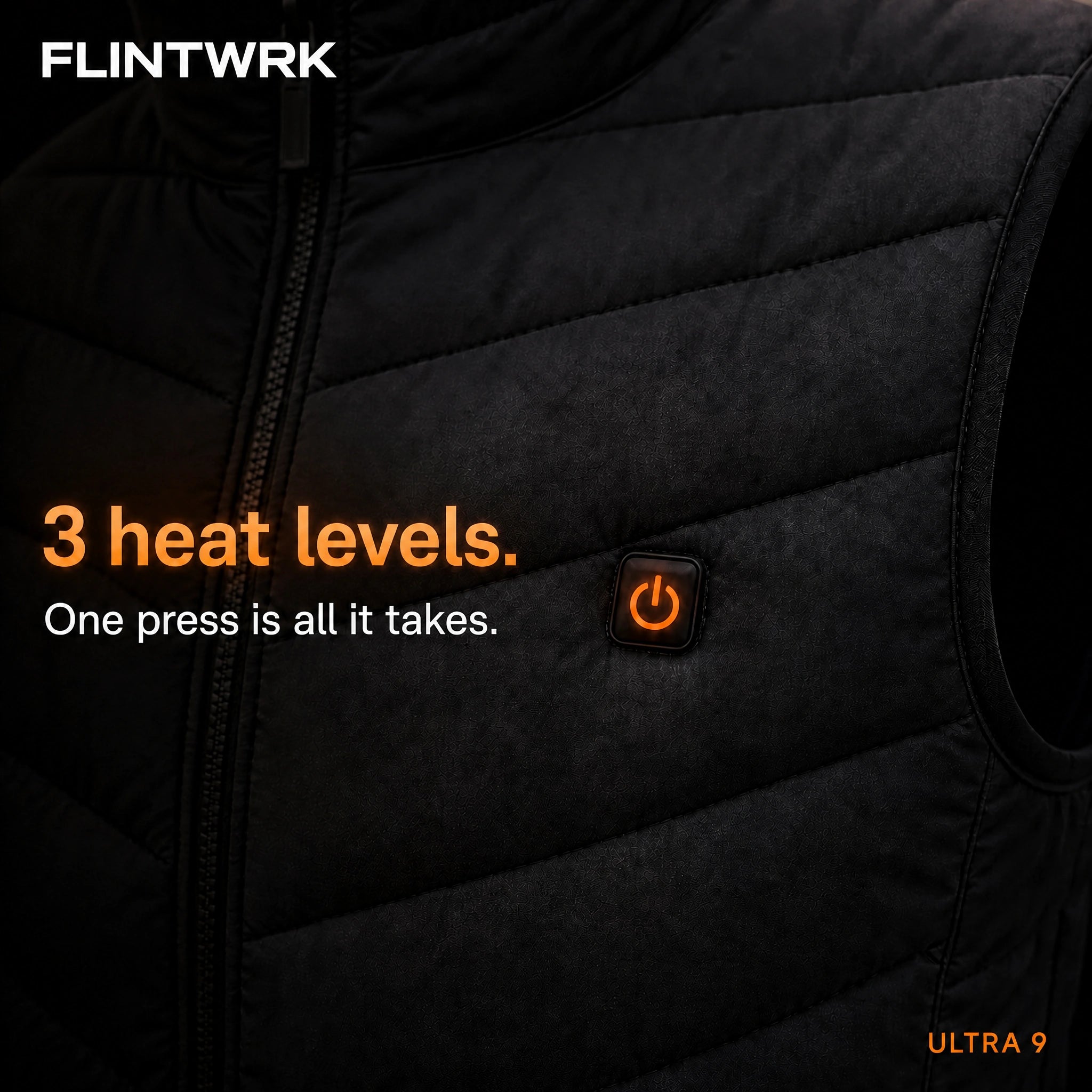 Discreet control button on the heated sleeveless puffer vest from FLINTWRK
