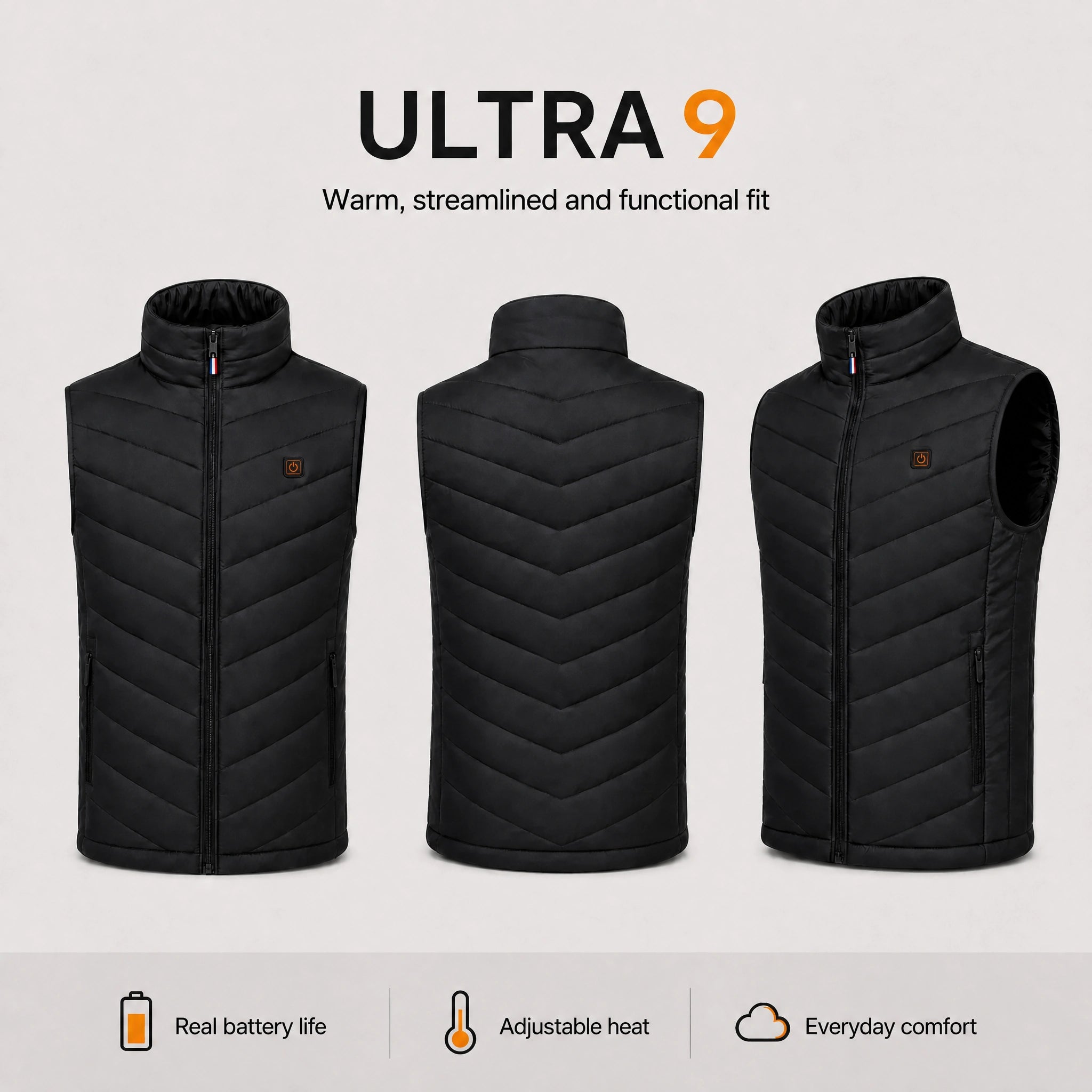 Ultra 9 heated sleeveless puffer vest from FLINTWRK, front, side and back views