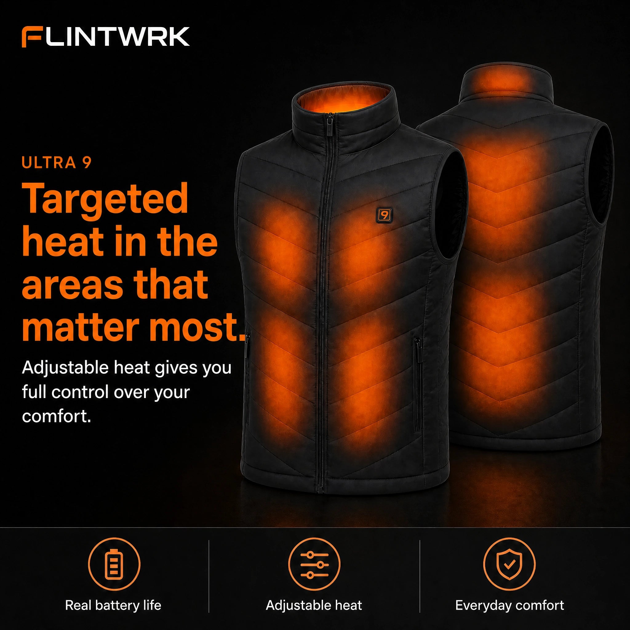Targeted heating zones on the Ultra 9 heated sleeveless puffer vest from FLINTWRK