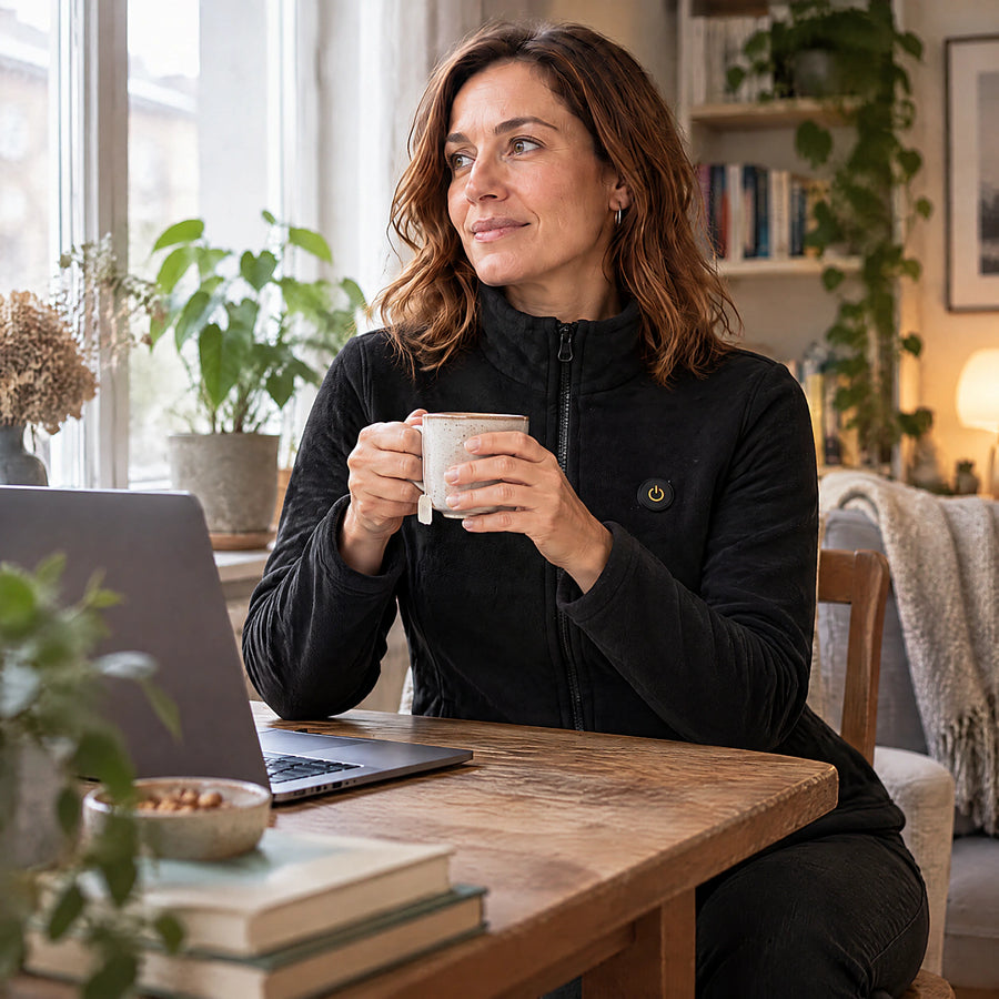 Femme avec une polaire chauffante FLINTWRK à la maison