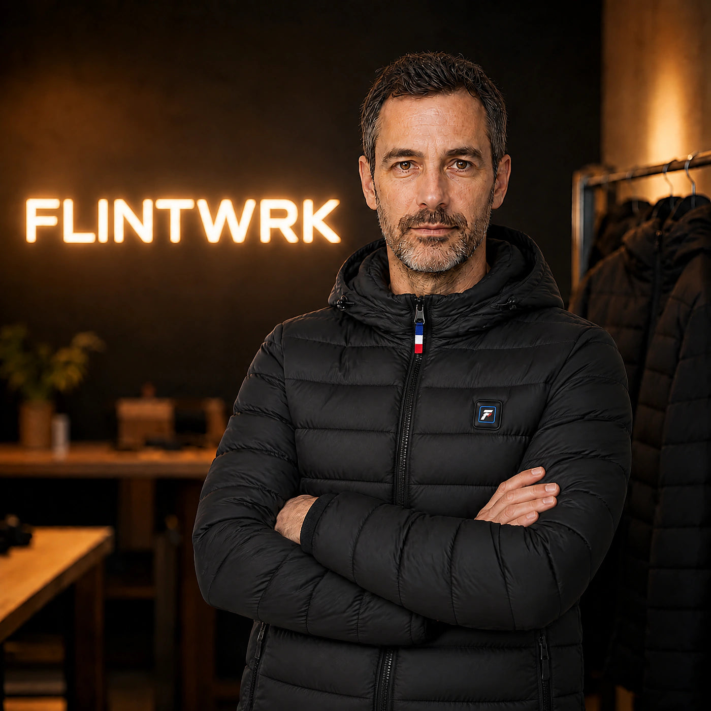 Marc, le fondateur de FLINTWRK, dans l’atelier de la marque