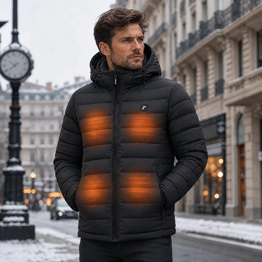 Chaleur répartie sur les zones clés d’une veste chauffante FLINTWRK