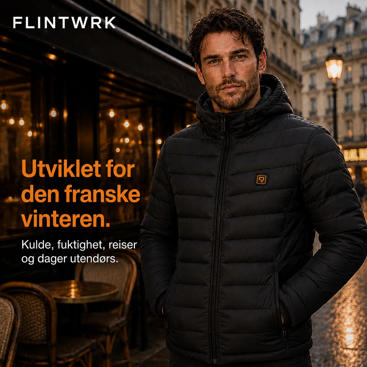 Vinterscene fra FLINTWRK med et oppvarmet plagg brukt utendørs