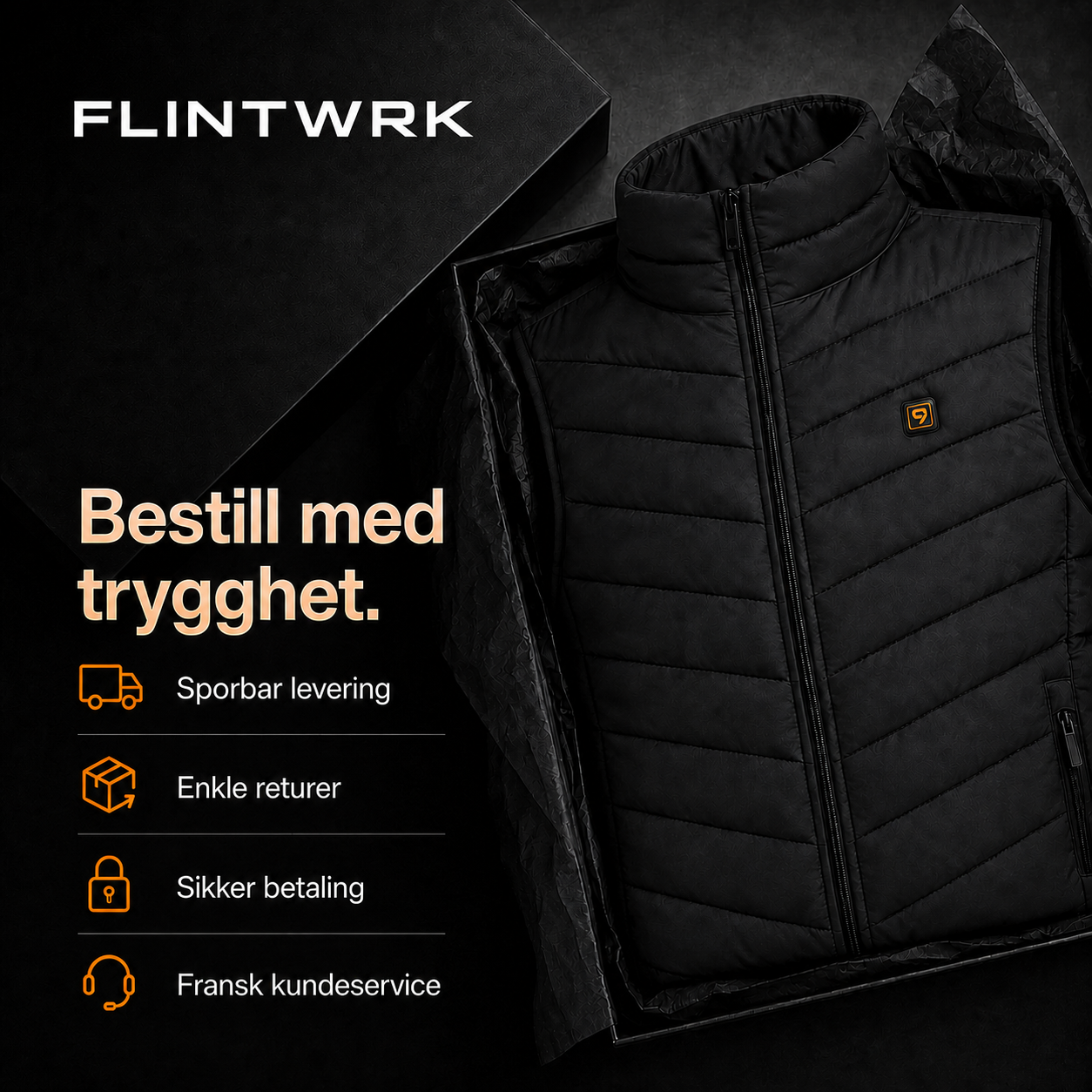 Bestilling av ermeløs dunjakke fra FLINTWRK med batteri inkludert