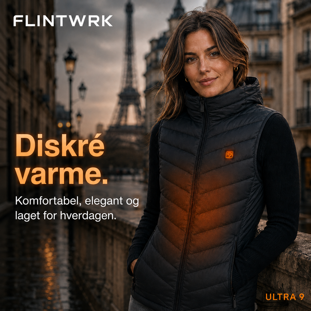 Oppvarmet ermeløs dunjakke fra FLINTWRK brukt på gåtur