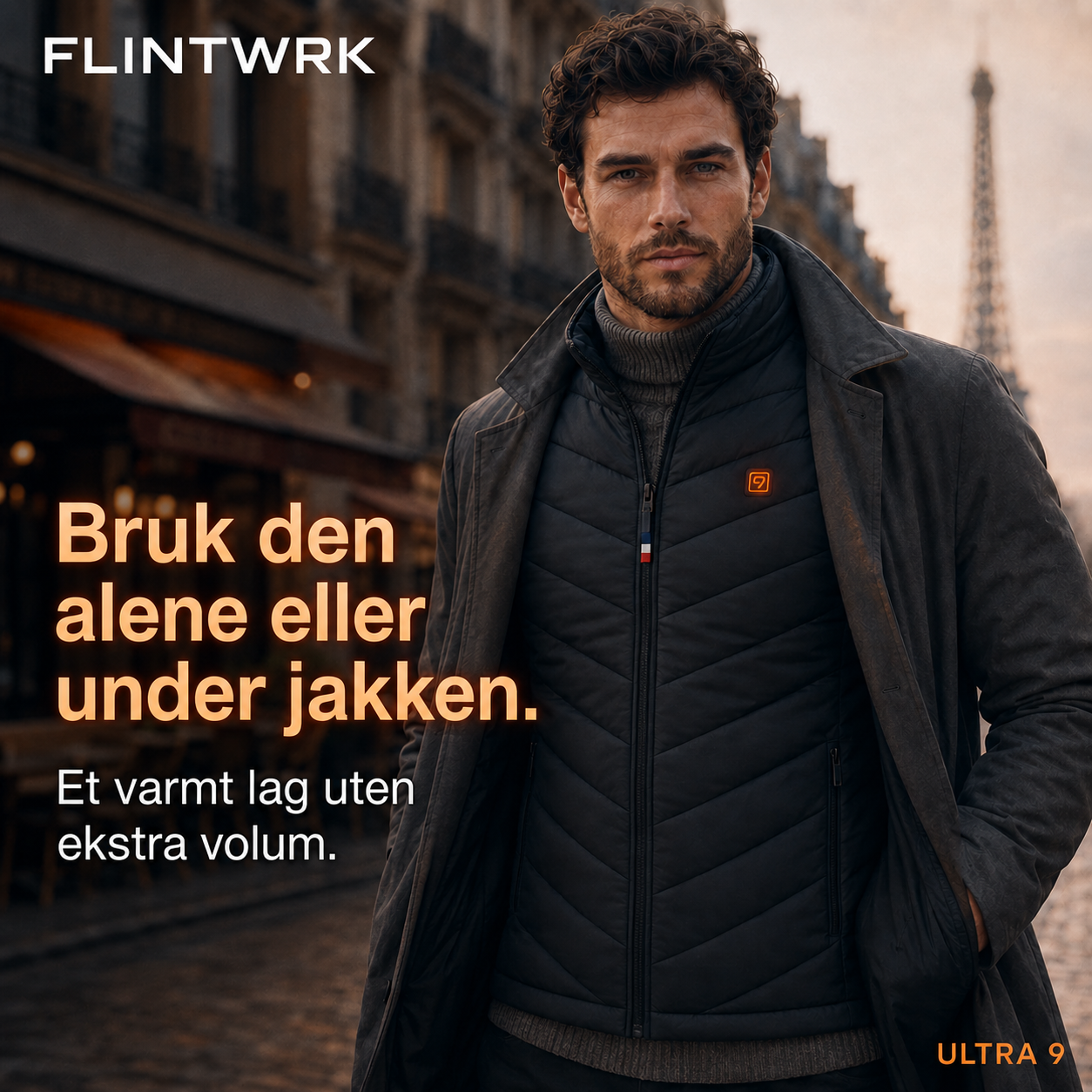 Oppvarmet vest fra FLINTWRK brukt alene eller under en jakke