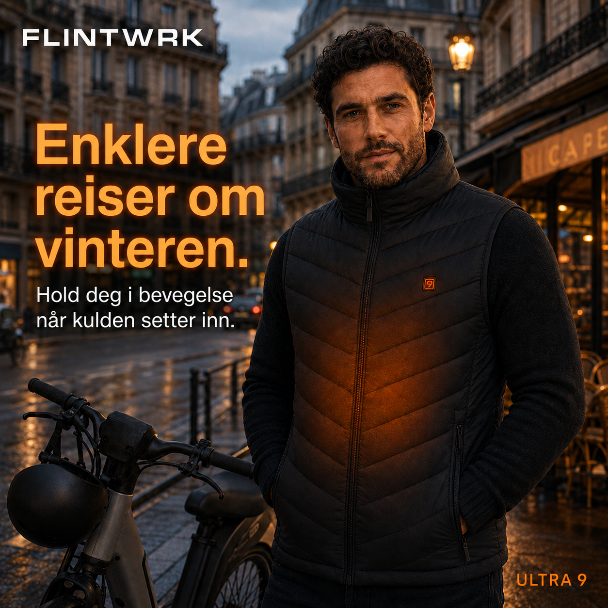Ermeløs dunjakke fra FLINTWRK brukt på en vinterreise