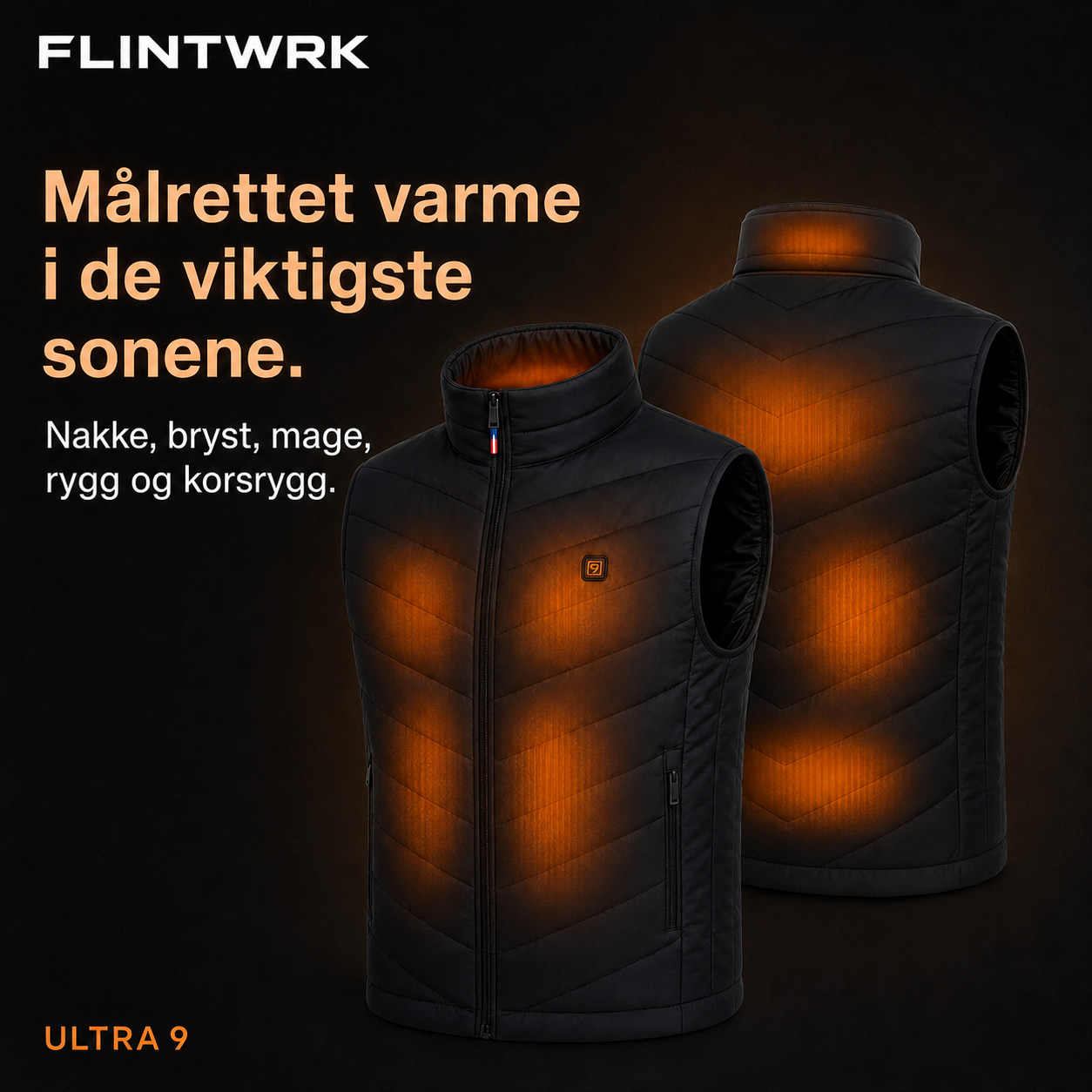 Varmefordeling på den ermeløse dunjakken fra FLINTWRK