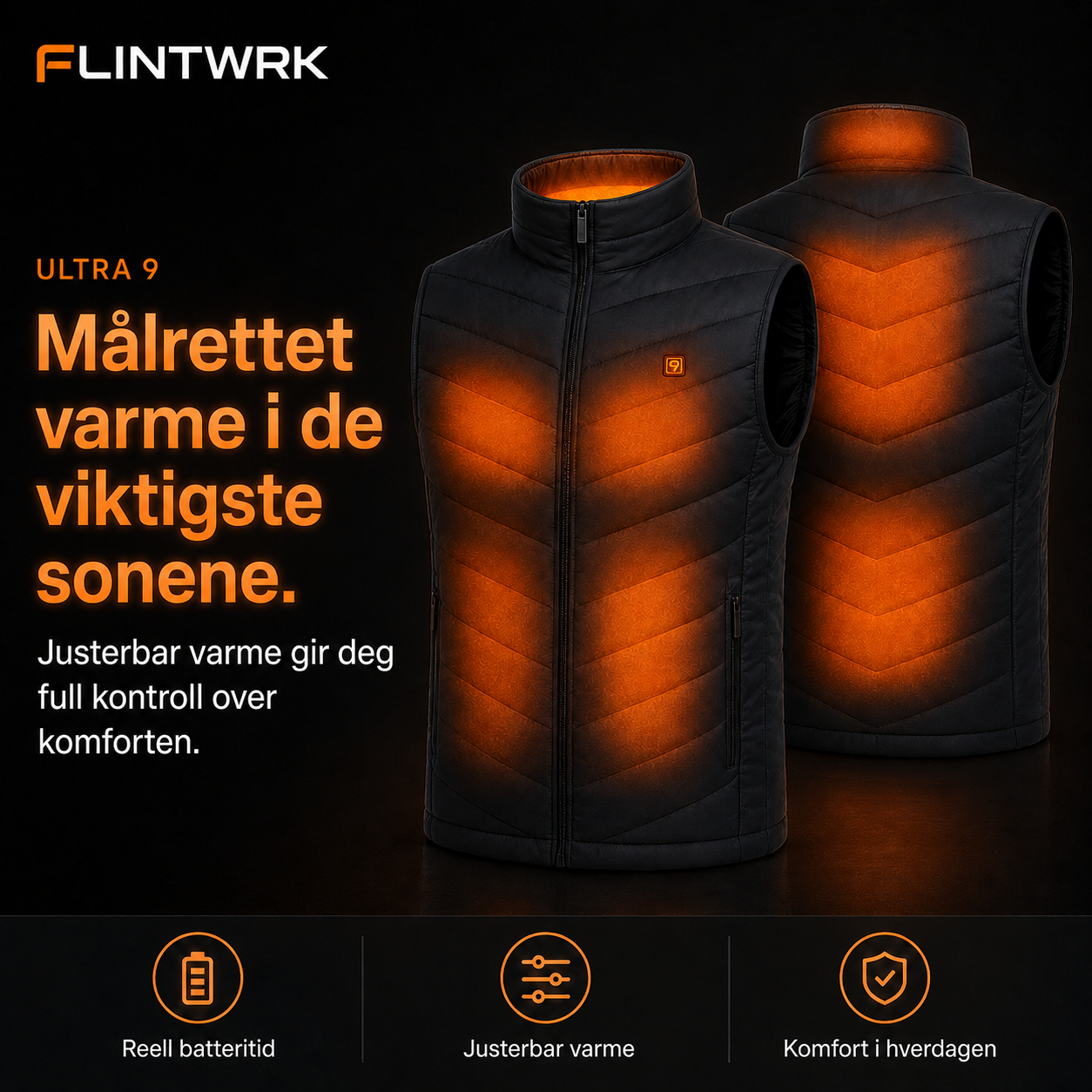Målrettede varmesoner på den ermeløse Ultra 9-dunjakken fra FLINTWRK
